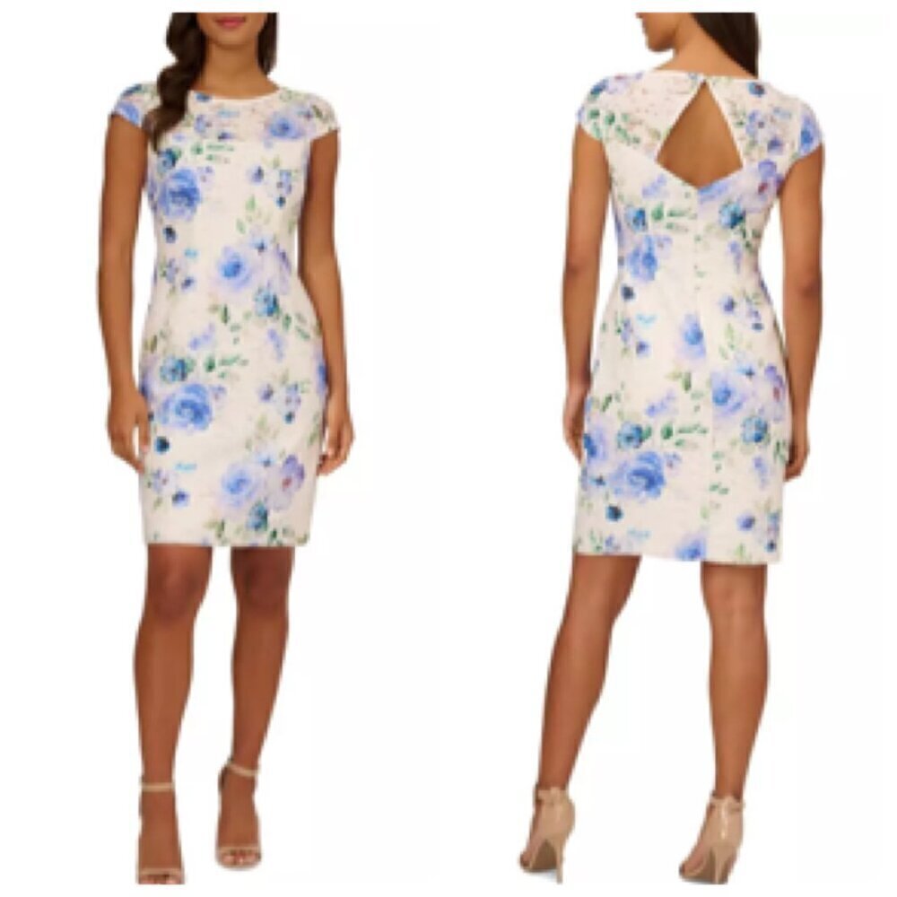 Adrianna Papell Womens Floral Knee Semi-Formal Sheath Dress Sz 4 White